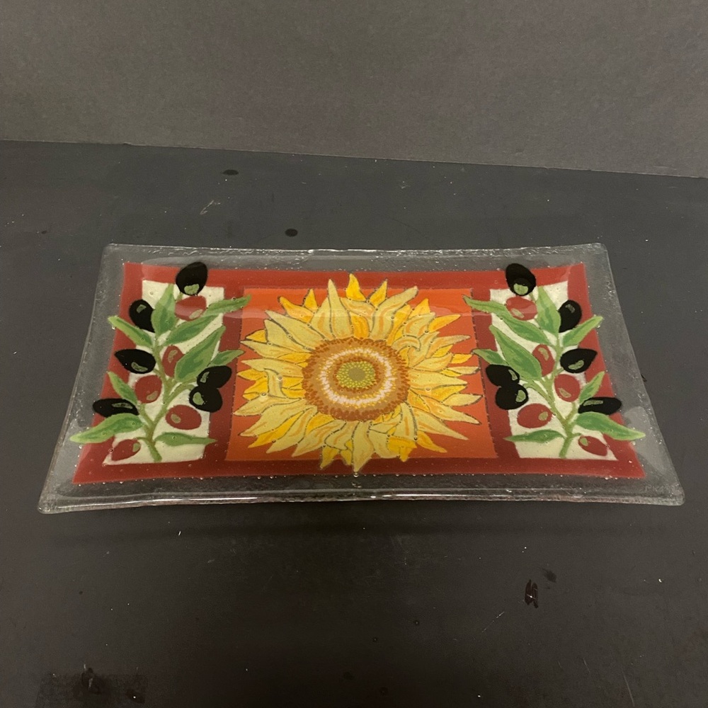 Peggy Karr Sunflower and Olives Fused Art Glass  5.5" x 9.75" Tray Signed